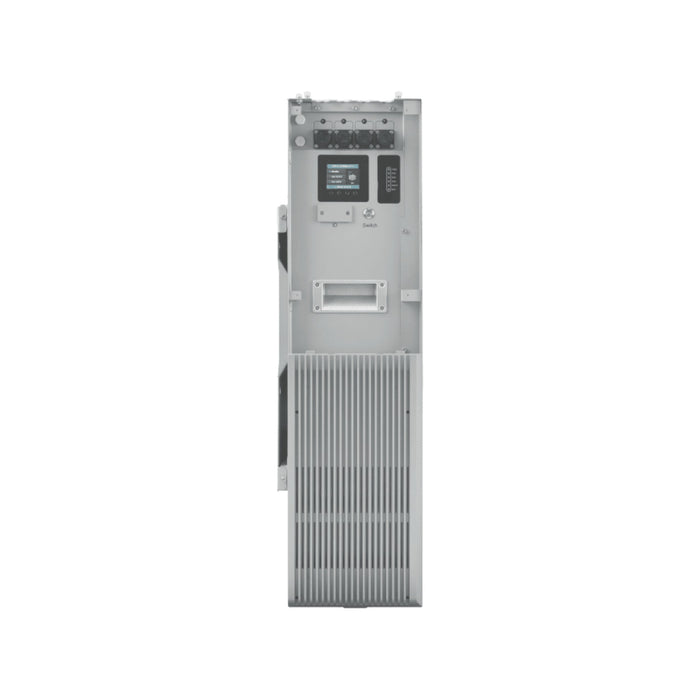 The EG4 Power Pro WallMount All Weather Lithium Battery by Solartek is a tall, rectangular electronic device with a digital display, control panel on the upper section, handle in the middle, and vented lower panels. Its self-heating feature indicates industrial or technical use.