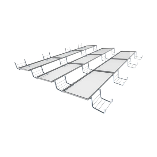 A staggered row of Unirac RM10 Ballast Bay tables by Solartek features a modern, rectangular design with white tops and gray frames. Easy installation and attached wire baskets offer convenience, while the plain white background highlights their clean aesthetic.