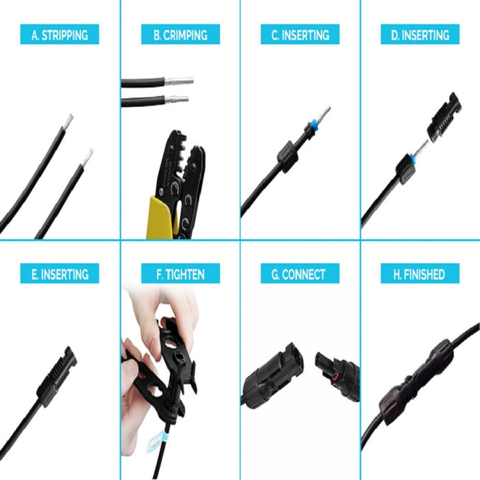 Step-by-step guide for connecting wires with Renogy MC4 Male/Female Solar Panel Cable Connector: 1. Strip wire ends, 2. Crimp connectors, 3. Insert wire into MC4 connector, 4. Place connector in housing for photovoltaic systems, 5. Ensure proper connection, 6. Tighten, 7. Connect parts of solar panel cable, 8. Complete assembly.
.