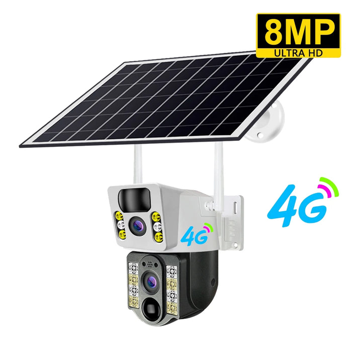 Solar Camera 8MP 4K Wireless Security Camera with 4G LTE, Dual Lens, Wi-Fi, PIR Motion Detection, Night Vision, and V380 Pro App Integration