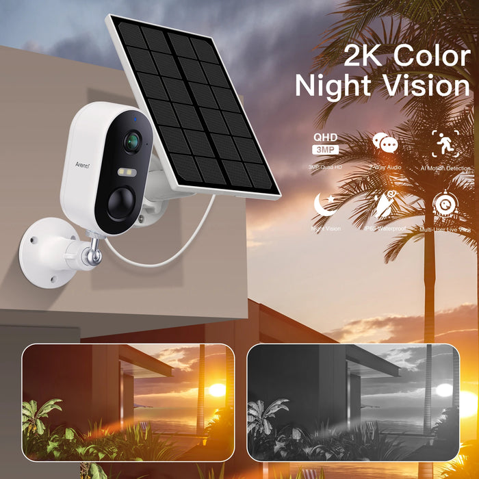 ARENTI 2K 3MP Solar-Powered Outdoor Wireless Security Camera System with AI Motion Detection, Spotlight, and Color Night Vision