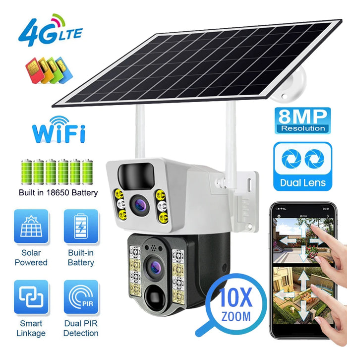 Solar Camera 8MP 4K Wireless Security Camera with 4G LTE, Dual Lens, Wi-Fi, PIR Motion Detection, Night Vision, and V380 Pro App Integration