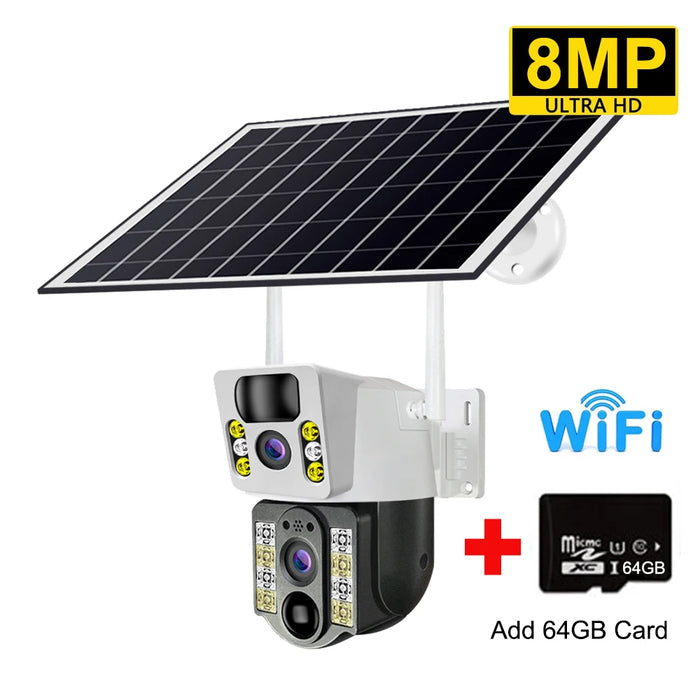 Solar Camera 8MP 4K Wireless Security Camera with 4G LTE, Dual Lens, Wi-Fi, PIR Motion Detection, Night Vision, and V380 Pro App Integration