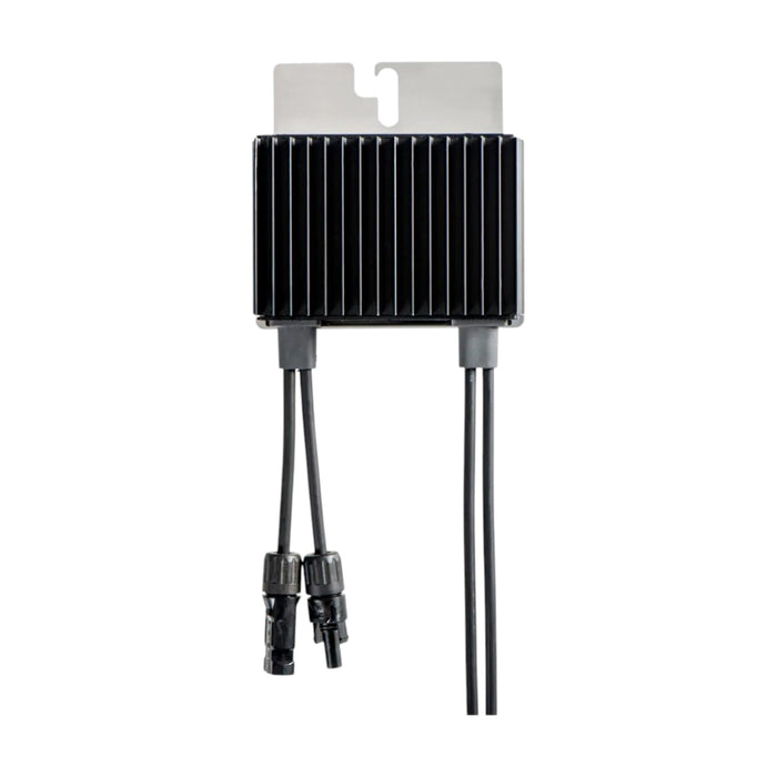 The Solaredge SolarEdge Power Optimizer S440, featuring a ribbed surface design in black and two attached cables with connectors, integrates seamlessly with solar modules. Mounted on a light-colored bracket, it includes MPP tracking for enhanced energy efficiency.