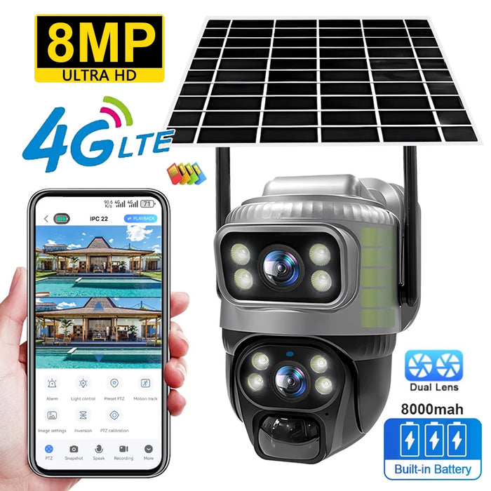 Solar Camera 4K Dual Lens Dash Cam with Night Vision, G-Sensor & 4G Connectivity | 8MP Ultra HD Solar Camera