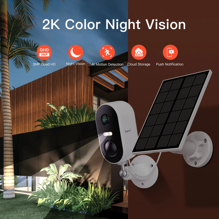 ARENTI 2K 3MP Solar-Powered Outdoor Wireless Security Camera System with AI Motion Detection, Spotlight, and Color Night Vision