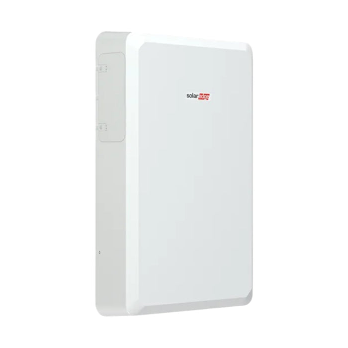 Picture of a white, rectangular wall-mounted solar energy inverter featuring a small logo that reads Solaredge in red and gray text. With its sleek, minimalist design and smooth edges, this device seamlessly integrates with the SolarEdge Energy Bank Battery 10kW BAT-10K1PS0B-02 for efficient backup power and energy storage solutions.