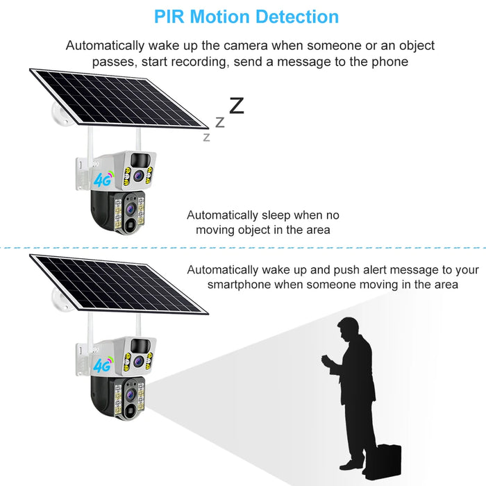 Solar Camera 8MP 4K Wireless Security Camera with 4G LTE, Dual Lens, Wi-Fi, PIR Motion Detection, Night Vision, and V380 Pro App Integration