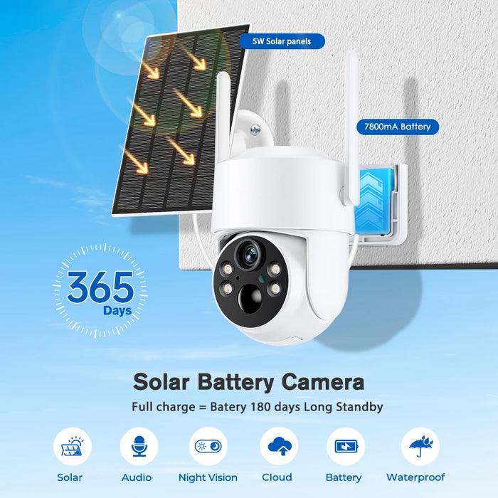 Solar Camera 4MP Wireless PTZ Outdoor Camera | Long-Lasting Battery, WiFi Surveillance, Motion Detection, and HD Video