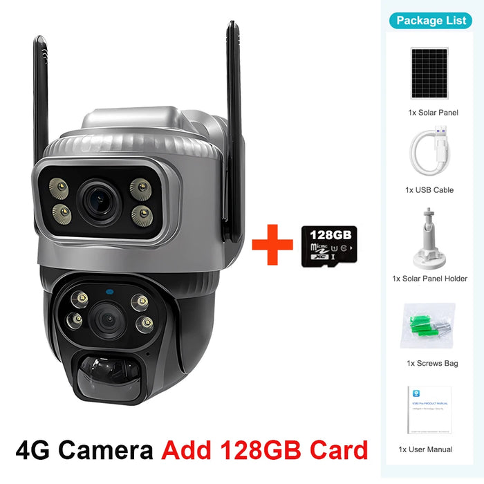 Solar Camera 4K Dual Lens Dash Cam with Night Vision, G-Sensor & 4G Connectivity | 8MP Ultra HD Solar Camera