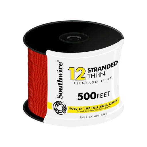 The Southwire 12 AWG RED 500ft stranded THHN wire features red, moisture-resistant PVC insulation. Ideal for industrial use, its RoHS compliant and sold only in full rolls.