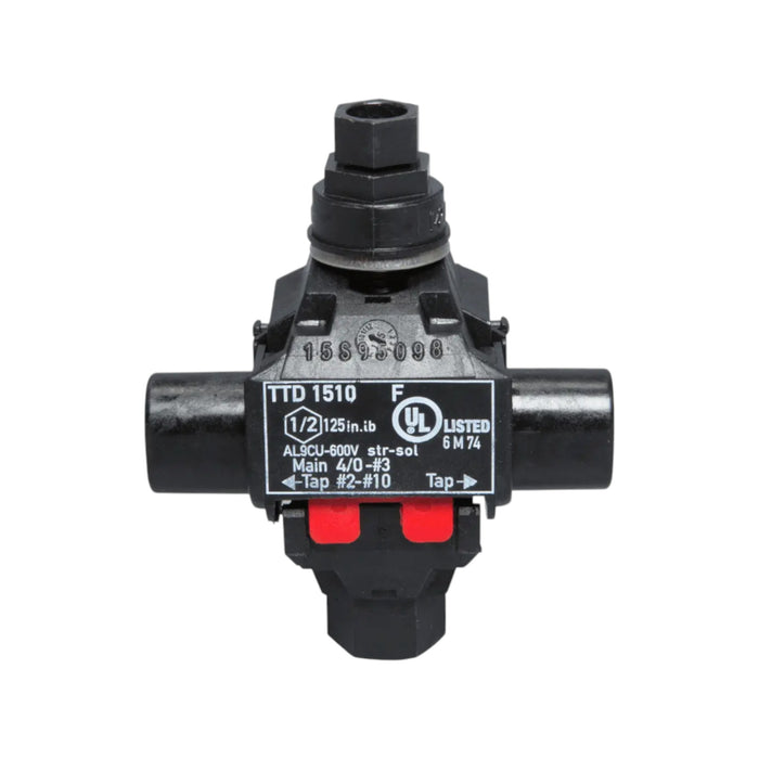 The NSi IPCS4002 Insulation Piercing Connector 4/0-2 AWG features a black plastic body labeled TTD 1510 and UL Listed, with two horizontal ports, one vertical port, and red bottom elements for watertight, secure connections.