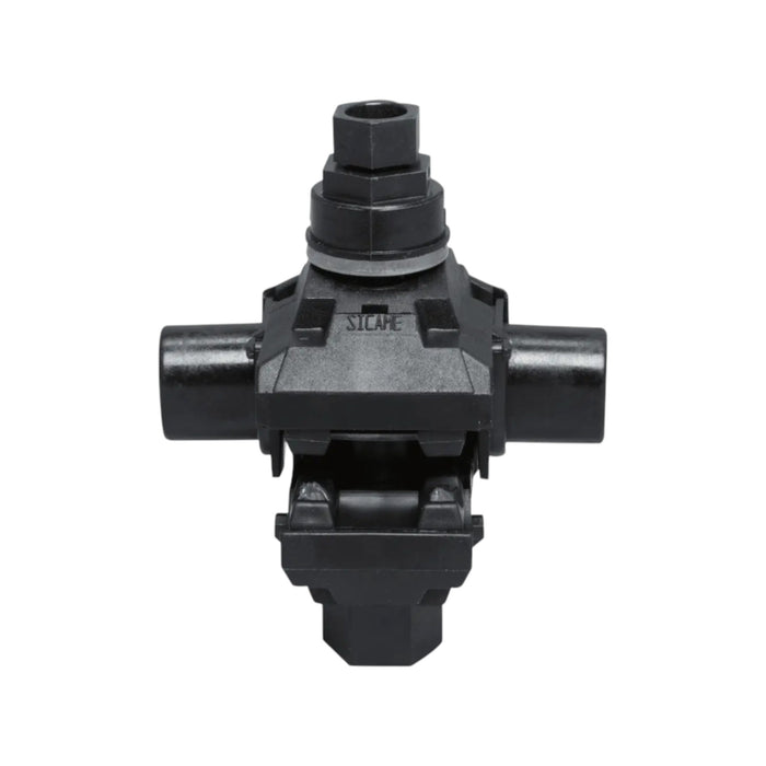 The NSi IPCS4002 Insulation Piercing Connector 4/0-2 AWG is a durable black plastic fitting with intersecting cylindrical connectors and a hexagonal top, designed for watertight performance in tough plumbing or mechanical applications needing strong industrial solutions.