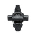 The NSi IPCS4002 Insulation Piercing Connector 4/0-2 AWG is a durable black plastic fitting with intersecting cylindrical connectors and a hexagonal top, designed for watertight performance in tough plumbing or mechanical applications needing strong industrial solutions.