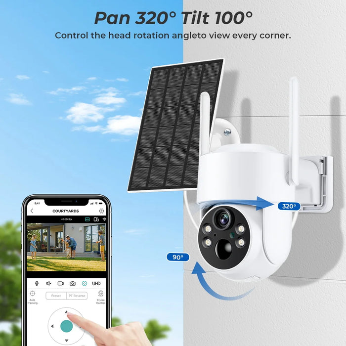 Solar Camera 4MP Wireless PTZ Outdoor Camera | Long-Lasting Battery, WiFi Surveillance, Motion Detection, and HD Video