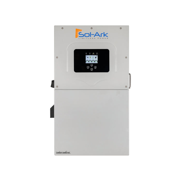 The image highlights a Sol-Ark 15K-2P-N 15Kw Hybrid Inverter, characterized by its rectangular shape and central small digital display. Set against a white backdrop, the device prominently features the Sol-Ark logo at the top, suggesting its advanced MPPTs technology within.