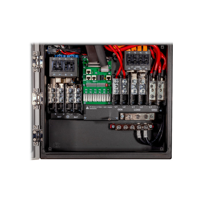 Image of an open electrical control panel featuring various components such as circuit breakers, wiring, and connectors. The setup is neatly organized with labeled terminals for battery, generator, load, and grid connections and features an integrated Sol-Ark 15K-2P-N 15Kw Hybrid Inverter with MPPTs for efficient energy management from the Sol-Ark brand.