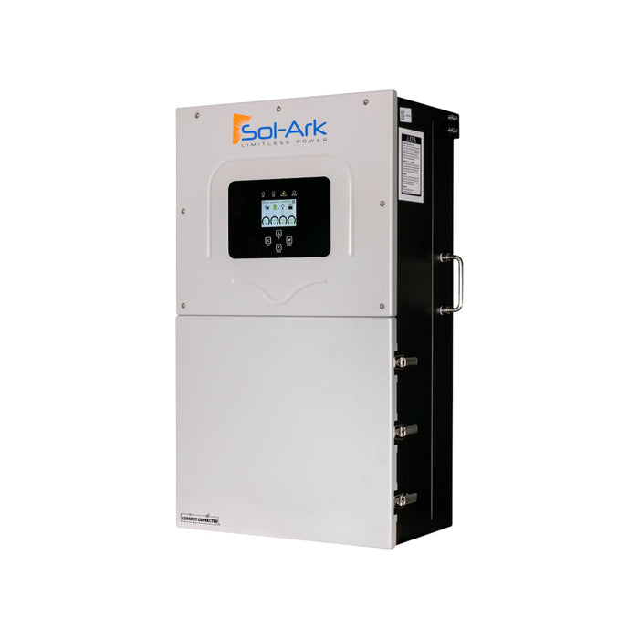 A Sol-Ark 15K-2P-N 15kW Hybrid Inverter elegantly mounted on a wall. This versatile device, equipped with MPPTs, features a digital display encircled by buttons, all enclosed within a robust rectangular housing that showcases a sleek white front panel and contrasting black sides.