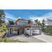Contemporary two-story house boasting a flat roof, expansive windows, and a stylish design. Key features include a roomy garage with an electric vehicle and a solar panel roof integrated with the SolarEdge Energy Hub Inverter 3.8kW SE3800H-USS3BBC14 from Solaredge, offering built-in consumption monitoring for reduced energy costs. The driveway is paved and beautifully encircled by lush greenery.