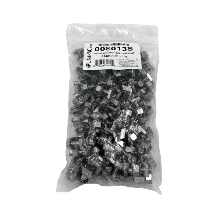 A sealed clear plastic bag containing multiple small metal nuts, branded as Unirac and labeled with the product name "Unirac Micro T-Bolt & Nut," displays additional details such as the size and a pack size of 500x. Often utilized for securing universal clamps, the bag is presented against a plain white background.