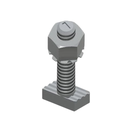 Illustration of a gray, industrial-style Unirac Micro T-Bolt & Nut featuring a hexagonal head and threaded cylinder, mounted on a rectangular base with ridges. This design by Unirac offers universal clamps adaptability, enhancing functionality across various settings.