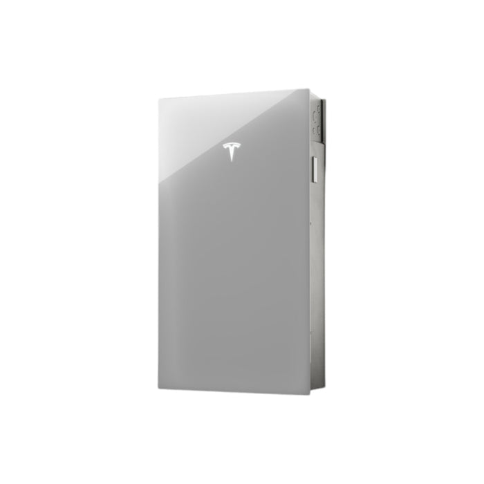 A sleek, silver Tesla Powerwall 3 with a glossy finish and a logo on the front offers clean lines and modern design for seamless integration of energy management into your home.