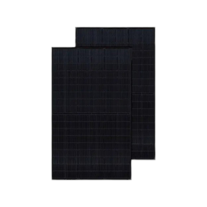 Two Talesun 400W 108 Half Cell Mono Solar Panels, featuring a grid-like pattern on their full-black surface, are positioned slightly overlapping against a white background. These monocrystalline cells efficiently harness their photovoltaic capabilities.