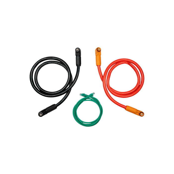 A set of three EG4 PowerPro Battery Paralleling Cables from BigBattery, featuring one black, one red, and a smaller green cable, is displayed on a white background—perfect for keeping your PowerPro battery ready for use.