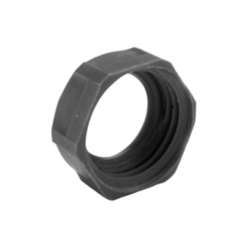 The Bridgeport 322 3/4" Plastic Bushing, a black hexagonal plastic piece with a threaded interior, appears designed for use with IMC conduit to secure or fasten components in plumbing or mechanical systems. It is displayed against a plain white background.