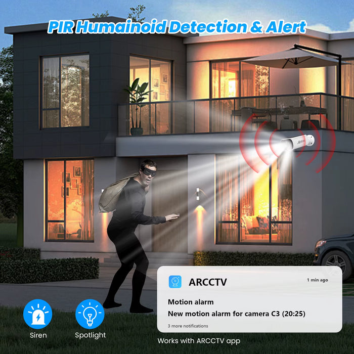 4MP Wifi Solar Camera 2K Outdoor Wireless Battery Security Camera 4CH NVR PIR Humanoid Detection Siren Alarm ARCCTV APP