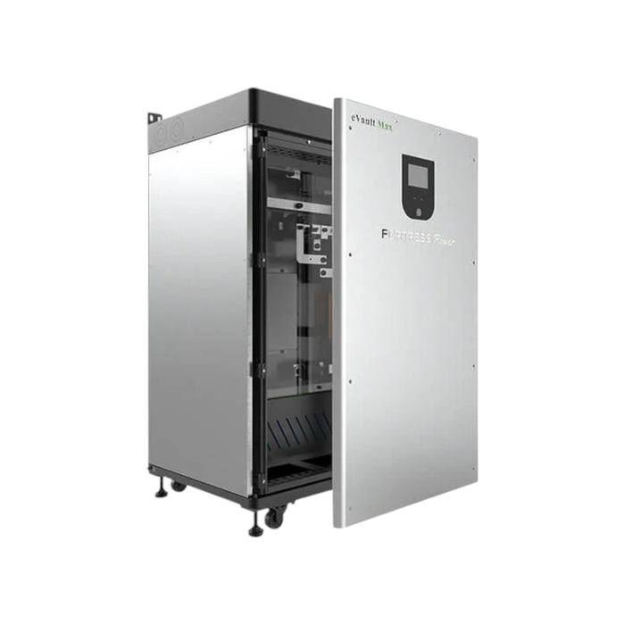 A sleek Fortress Power eVault Max 18.5kWh LFP Battery server cabinet with a partially open door revealing internal components and its built-in Lithium Iron Phosphate battery for efficient backup power. The unit features a digital display on the front and is positioned on wheels for mobility.