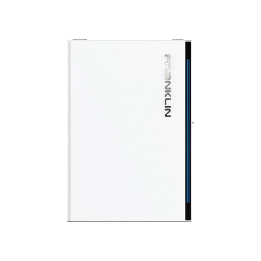 The FranklinWH aGate Controller AGT-R1V1-US, a sleek white device from FranklinWH, features a minimalist design complete with a vertical blue stripe. The brand name FranklinWH is prominently displayed in modern lettering on the front of this compact rectangular device, which serves as an innovative energy management solution for the Franklin Home Power system.