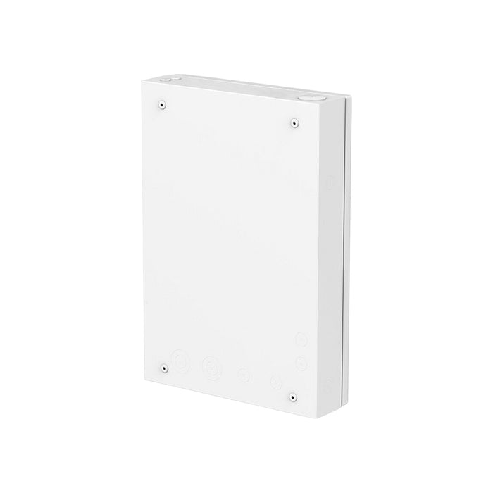 Featuring small screws at the corners and subtle embossed circles on the front, the sleek, white rectangular metal box with rounded edges and a vertical mount evokes a minimalist design. It appears to be part of the FranklinWH aGate Controller AGT-R1V1-US, an energy management solution for modern electrical purposes.