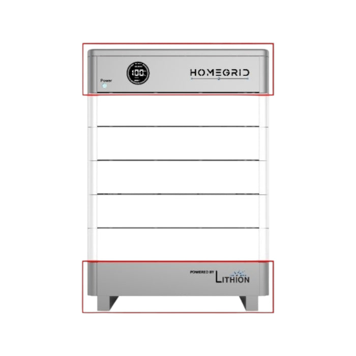 The image shows a sleek white HomeGrid Stacked Base Module from Solartek with a visible front panel and power indicator, marked Powered by Lithion. This modular energy storage system integrates with HomeGrid BMS for enhanced efficiency and offers a convenient remote monitoring app.