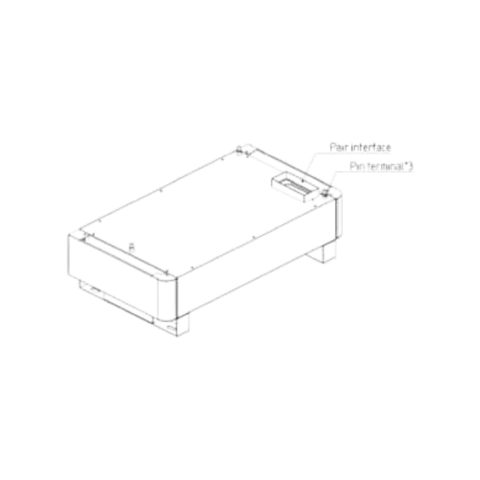 The technical drawing of the HomeGrid Stacked Base Module, a rectangular electronic device by Solartek, displays four rounded corners and two legs. It includes a labeled Pair interface and Pin terminal(2) for integration with the HomeGrid BMS to enhance remote monitoring capabilities.