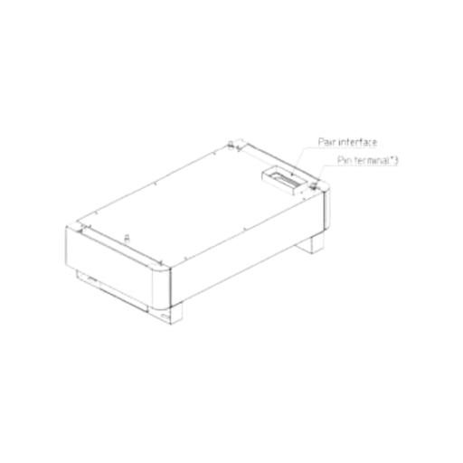 A technical drawing depicts the HomeGrid BMS and Base HG-MC100-200M2, a rectangular device featuring a Pair interface and Pin Terminal, similar to a Battery Module. Displayed in three-dimensional perspective, it has a straightforward, box-like design with two visible pins, making it perfect for modular energy storage in off-grid cabins.