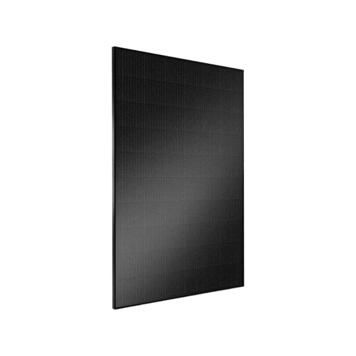 The Hyundai 410W Solar Panel BLK/BLK by Solartek is a sleek, glossy black rectangle featuring PERC technology. It’s angled against a plain white background, highlighting its minimalist design and grid-like structure.