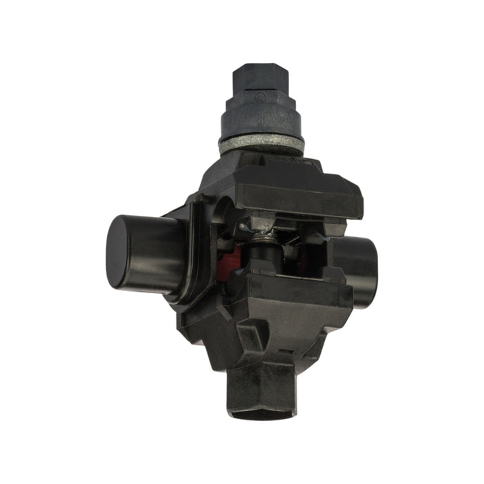 The NSi IPCS4002 Insulation Piercing Connector 4/0-2 AWG, a black industrial valve with insulated connectors and a cylindrical top, ensures watertight fluid control in mechanical systems. It is isolated on a white background, highlighting its intricate design and components.