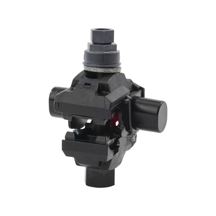 The black NSi IPCS4002 Insulation Piercing Connector 4/0-2 AWG by NSi features a compact mechanical build with interconnected components, insulated connectors, and a central pivot point with two perpendicular cylindrical parts for effective rotational motion and watertight integrity.