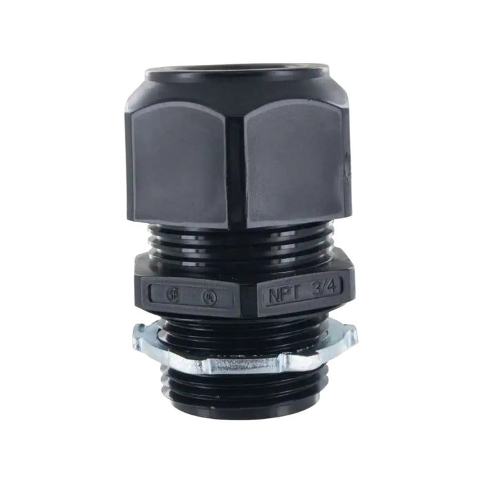 The Heyco M3234GBR-SM 3/4" Cordgrip 5 Hole, a black plastic cable gland with a hexagonal nut and threaded body, prominently displays its NPT 3/4 marking against a plain white background. This product from Heyco ensures superior protection with its IP68-rated watertight seal.