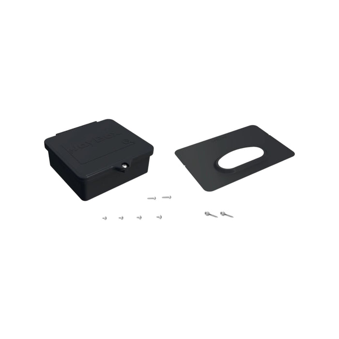 The IronRidge Quick Mount PV QM-JBX-RF01-B1 JayBox Junction Box is open on a white background, displaying its black lid, an oval black panel with a center cutout, and scattered small screws—components perfect for a solar project.