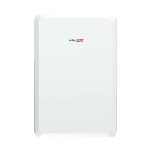 A sleek, rectangular white device with rounded corners featuring a discreet SolarEdge logo in black and red text. Ideal for energy storage as the SolarEdge Energy Bank Battery 10kW (Model BAT-10K1PS0B-02), it seamlessly blends into its plain white background while providing reliable backup power.