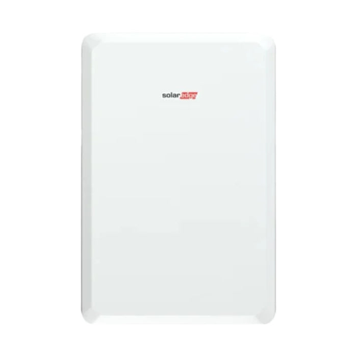 A sleek, rectangular white device with rounded corners featuring a discreet SolarEdge logo in black and red text. Ideal for energy storage as the SolarEdge Energy Bank Battery 10kW (Model BAT-10K1PS0B-02), it seamlessly blends into its plain white background while providing reliable backup power.