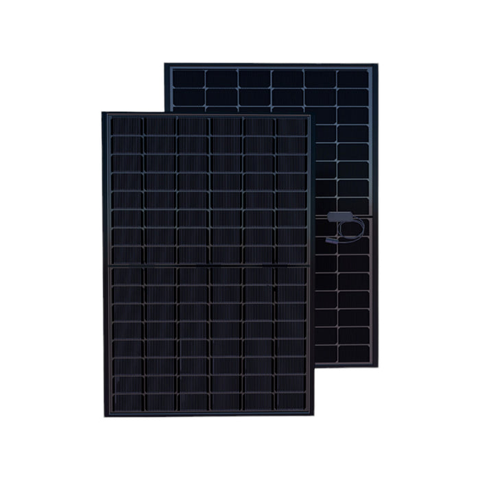 Two Solarever 450w solar panels, from Solarever USA, one slightly overlapping the other, are displayed against a plain white background. The panels feature a grid-like pattern of N-Type Mono-Crystalline photovoltaic cells, showcasing advanced technology in solar energy harnessing.