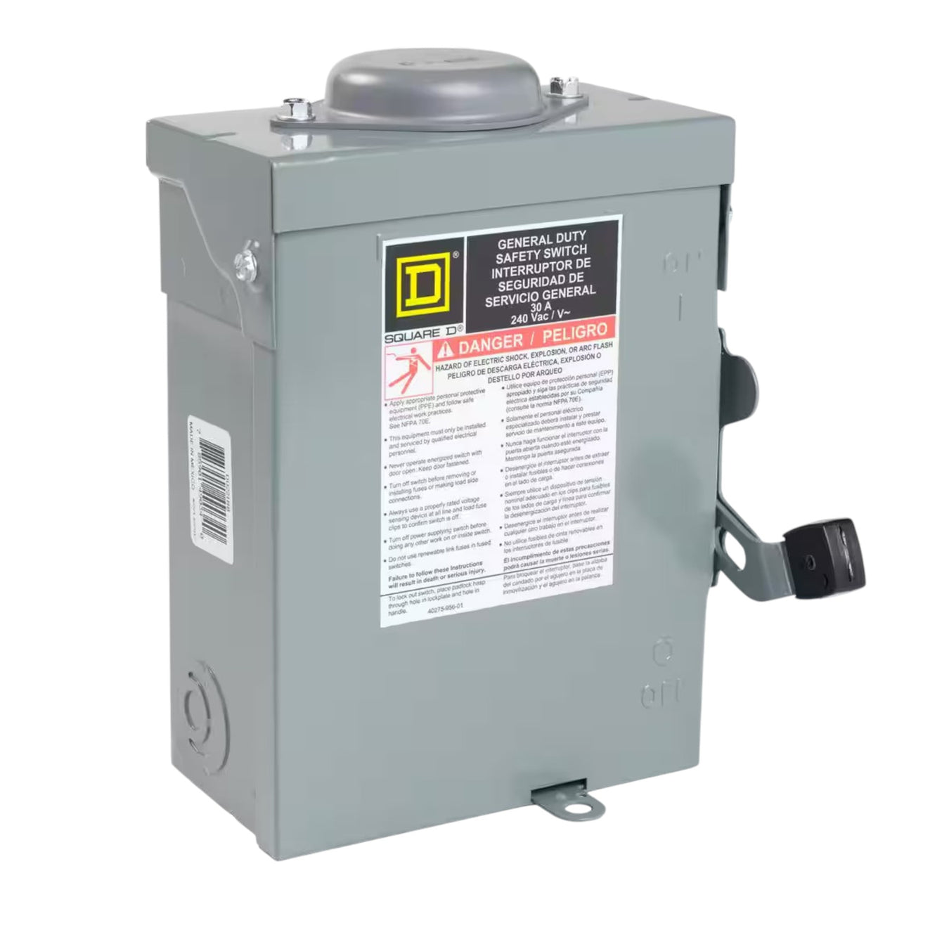 The Square D 30 AMP Disconnect Switch (Non-Fusible) by Square D is a grey safety switch with a disconnecting mechanism and lever handle on the side. Its front displays a warning label featuring red and black text along with hazard symbols, making it ideal for outdoor general duty applications.